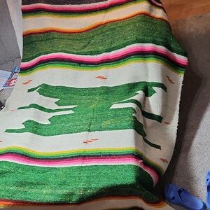 Colorful WOOL Striped Blanket with Green Horse Design